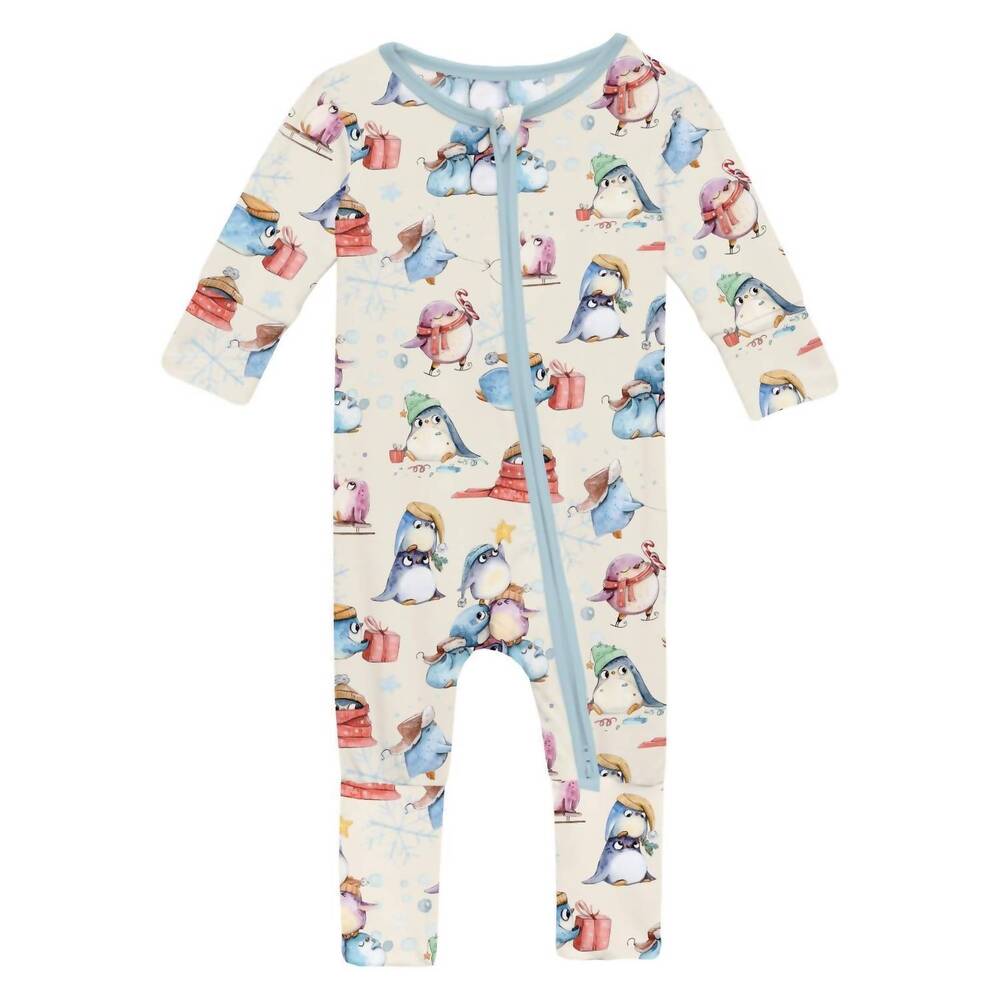 NEW KICKEE baby's convertible coverall in natural silly penguins